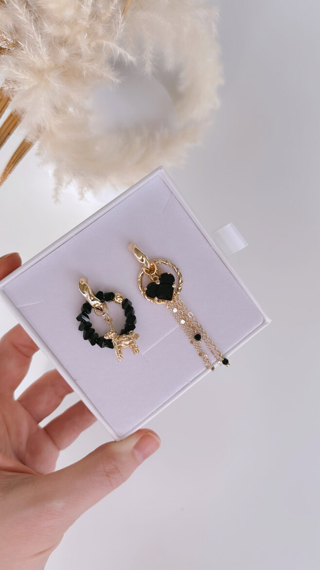 TROJAS ZIRGS auskari ar melnu sirdi (zelta)