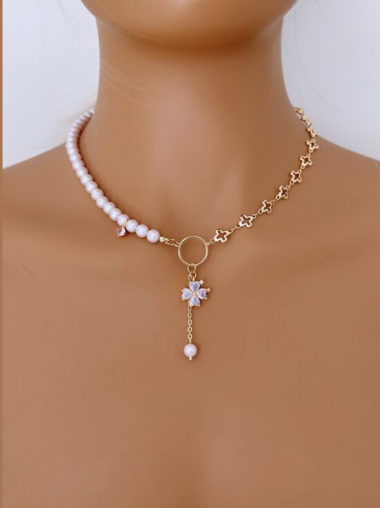 Swarovski pērļu kaklarotu pūderrozā