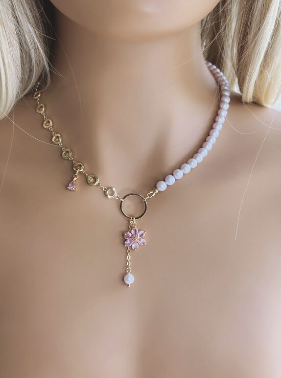 Swarovski pērļu kaklarotu pūderrozā