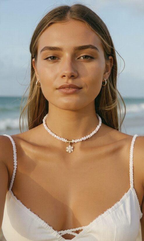 Čokeris Maigi rozā stikla akmentiņi ar puķes kulonu