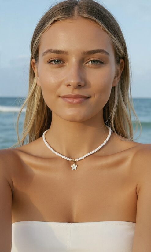 Čokeris piena bēšs ar puķes kulonu